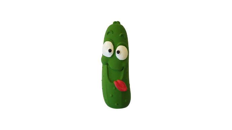 Bright green latex grunter cucumber dog toy, 13cm, perfect for chewing and interactive playtime.