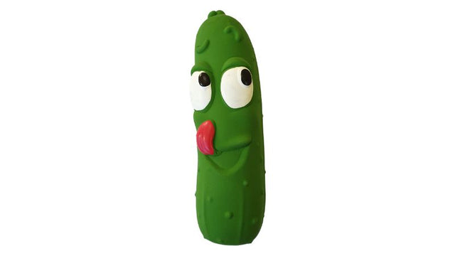 Bright green latex cucumber dog toy (19cm) with a grunter feature, ideal for engaging small to medium dogs during playtime.