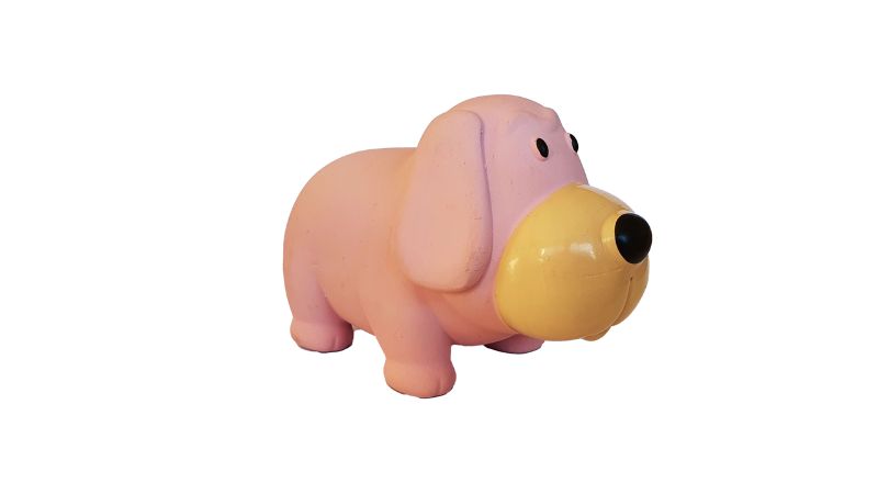 Latex stuffed Basset Hound dog toy (11cm) with a grunting sound, perfect for playful small to medium-sized dogs.