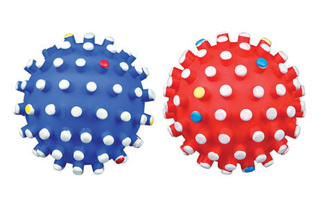 Squeaky Hedgehog Ball for dogs, 12cm, made of latex and vinyl; offers fun and exercise in random blue or red color.