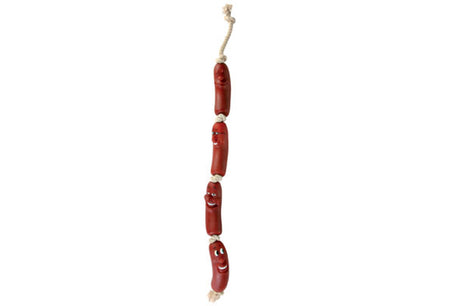 Squeaky latex and vinyl dog toy in a sausage chain design, 75cm long, ideal for tugging and fetching play, engaging medium to large dogs.