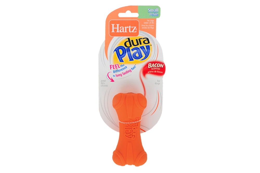 Squeaky Hartz Dura Play Bone dog toy made of durable latex and vinyl, perfect for active small dogs to chew and fetch.