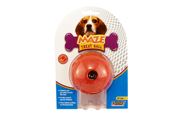 Interactive 7.5cm Maze Treat Ball made of durable rubber, engages dogs' minds with treat challenges and encourages active play.