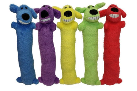 Cuddly 60cm Loofa Dog Plush Toy with squeaker, ideal for dogs; available in assorted bright colors for playful entertainment.