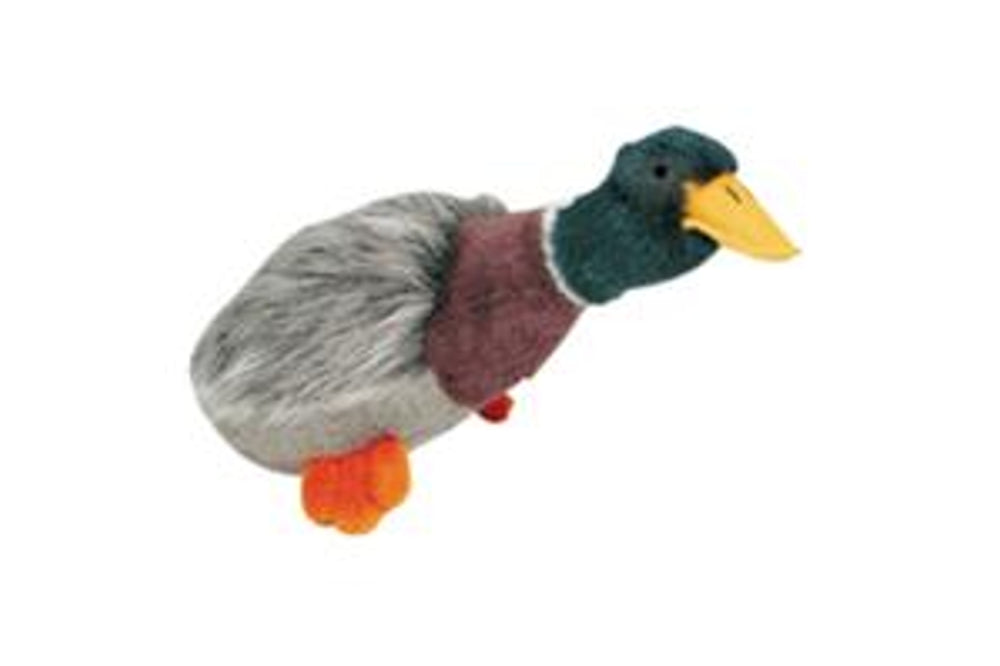 Plush Mallard duck dog toy, 24cm, grey, brown, and green, features a squeaker for interactive play and engagement.