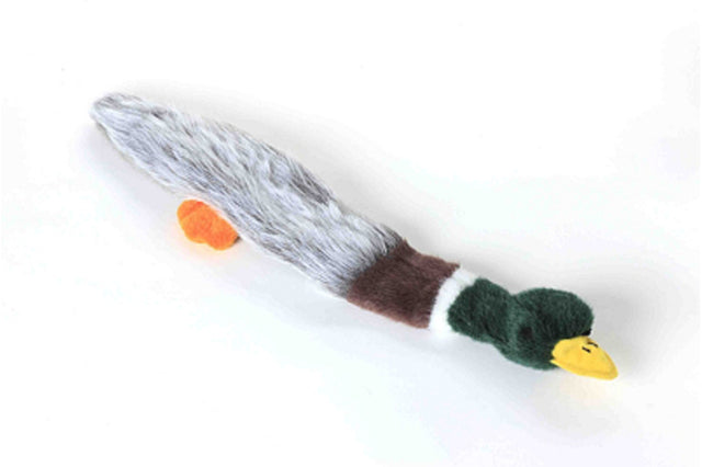 Plush Mallard dog toy in grey, brown, and green, 45cm with squeaker, designed for mess-free, fun playtime.