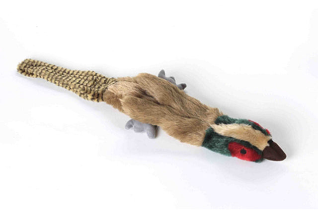 Plush pheasant dog toy (45cm) in grey, brown, and green with squeaker, designed for mess-free, engaging play.