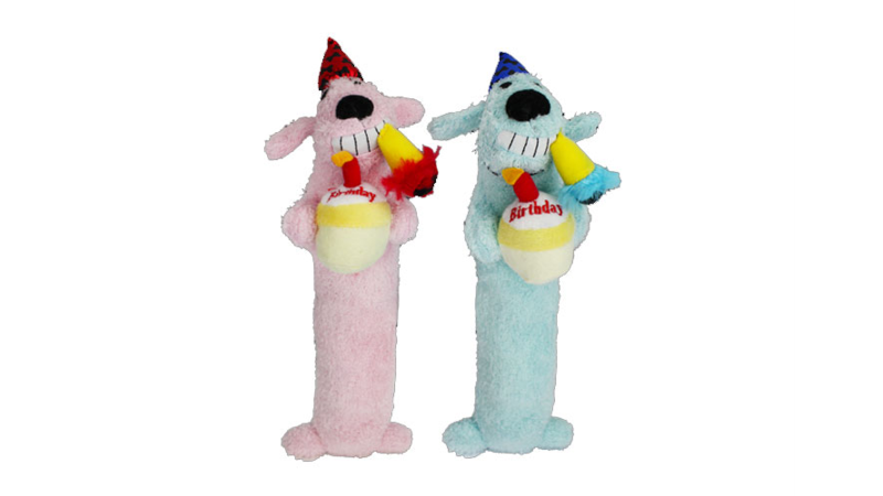 Loofa Birthday Dog Toy (30cm) featuring festive pups with cakes, perfect for medium and large dogs' birthday celebrations.