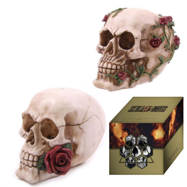 Gothic figurine of a skull adorned with roses, symbolizing the balance of life and death, ideal for edgy home decor.