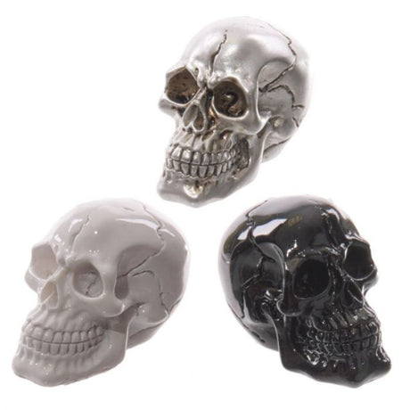 Set of 12 assorted small skull decorations, perfect for spooky Halloween decor with intricate designs.