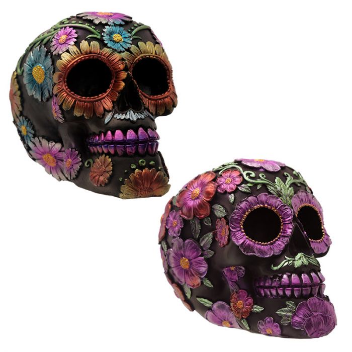 Metallic Day of the Dead Daisy and Flower Skull Decoration - Set of 2