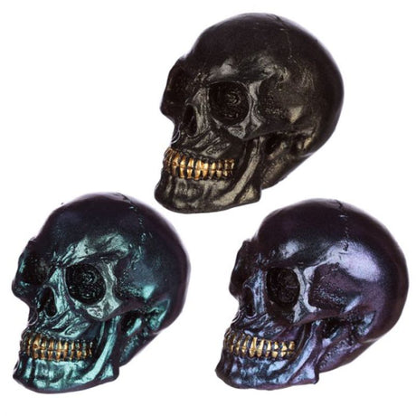 Set of 12 small iridescent skull ornaments, perfect for whimsical Halloween decor and themed events.