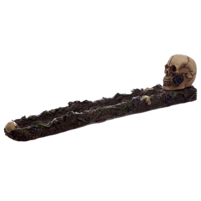 Incense stick burner set featuring skull and rose designs, perfect for enhancing ambiance and collecting ash.