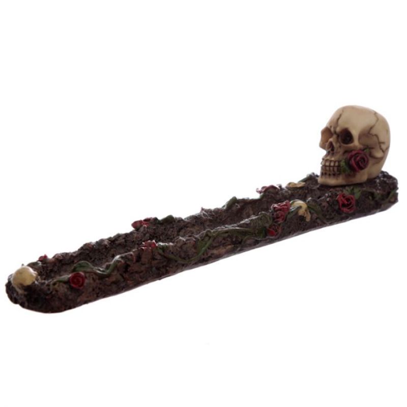 Skulls and roses incense stick burners, set of 2, enhancing ambiance with unique gothic design while collecting ash.