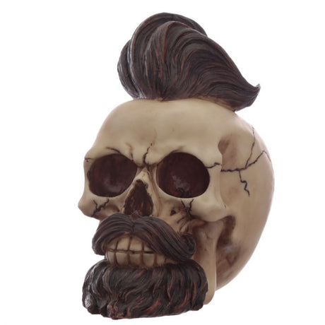 Hipster Mohican Skull with a luxurious beard and styled hair, perfect for edgy home decor or as a unique gift.