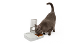 Automatic pet feeder for cats and small dogs, schedules 2 meals, holds 1.5 cups per tray, BPA-free, dishwasher-safe, battery-operated.