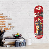 Retro skateboard wall art featuring vibrant gas station imagery, crafted from 4mm ACM, 500mm diameter, ready to hang.