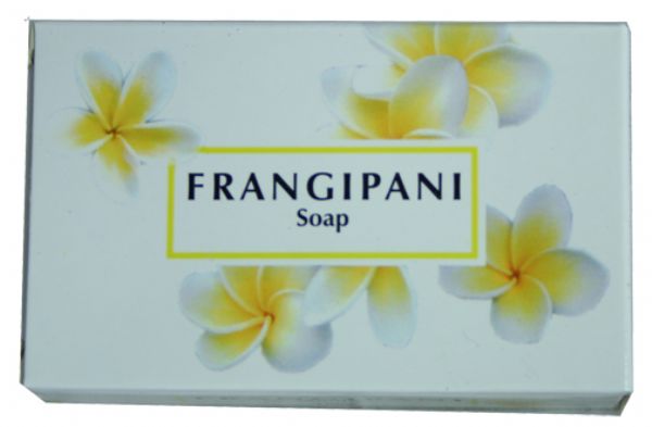 Frangipani soap bar, 5cm x 8cm, 100g, infused with tropical frangipani scent for skin cleansing and nourishment.