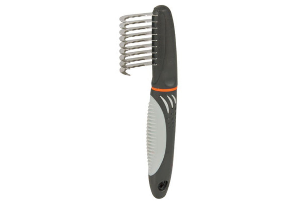 Trixie De-Matting Comb designed for effective grooming of curly and long-haired breeds, featuring a stainless steel edge and ergonomic handle.