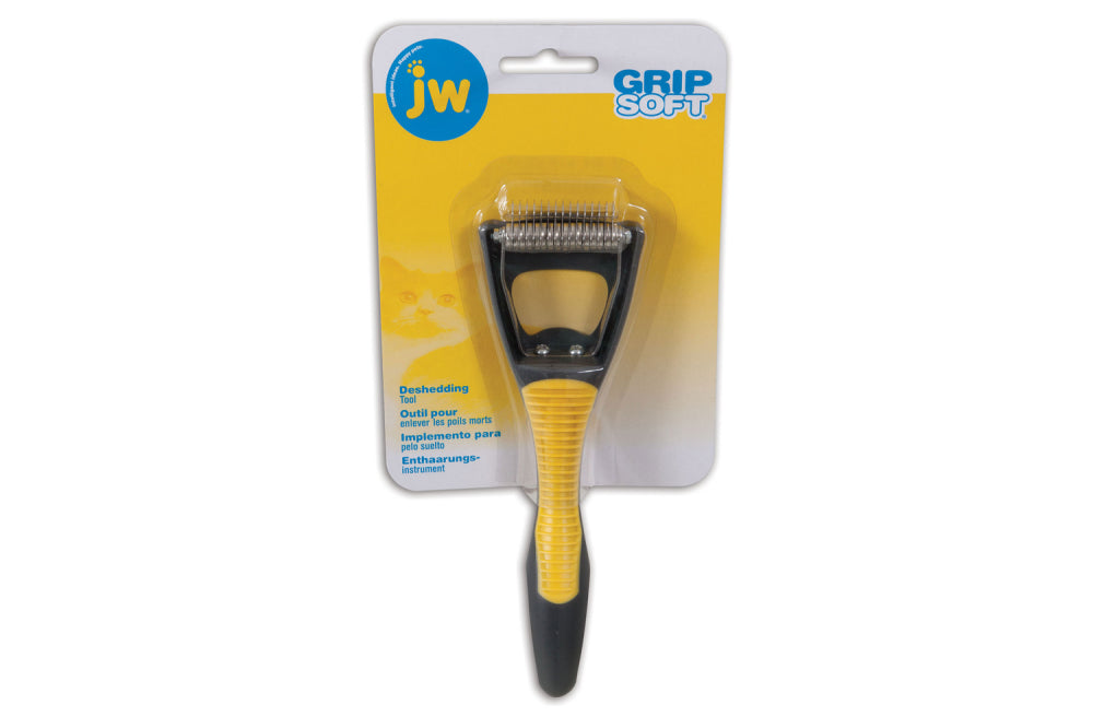 JW GripSoft Cat DeShedding Tool featuring stainless steel blades, ergonomic handle, and ideal for all cat breeds' grooming needs.