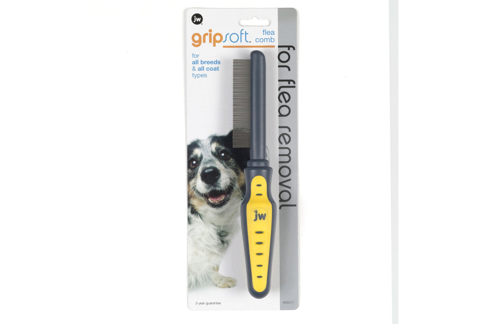 Ergonomically designed JW Pet GripSoft Dog Flea Comb for effectively removing fleas, eggs, and debris from all coat types.