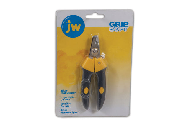 JW Deluxe Nail Clipper for dogs with ergonomic handle, non-slip grips, and built-in guard for safe, precise trimming.