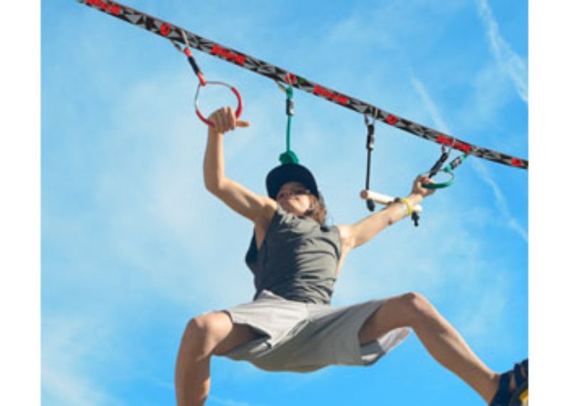 Slackers NinjaLine 36' Intro Kit featuring 7 hanging obstacles for fun outdoor fitness training for kids and adults.