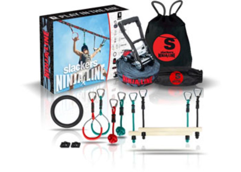 Slackers NinjaLine 36' Intro Kit featuring 7 adjustable hanging obstacles for fun, fitness, and skill training in the backyard.