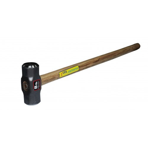 Sledge hammer with high carbon steel forged head, waxed handle, and vibration-reducing thermoplastic protector, ideal for demolition.