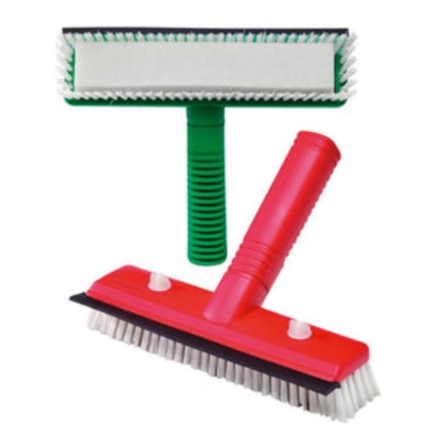 Long handle window brush and scraper with multi-functional tools for easy and effective high window cleaning.