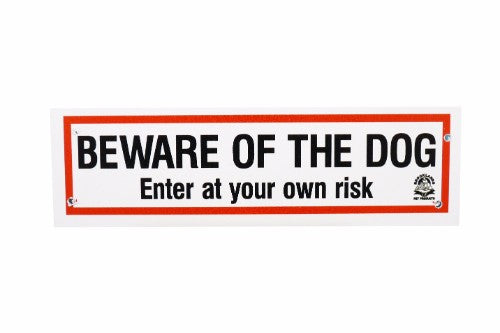 Durable plastic 'Beware of the Dog' sign, 165mm x 50mm, weather-resistant for outdoor security and home protection.