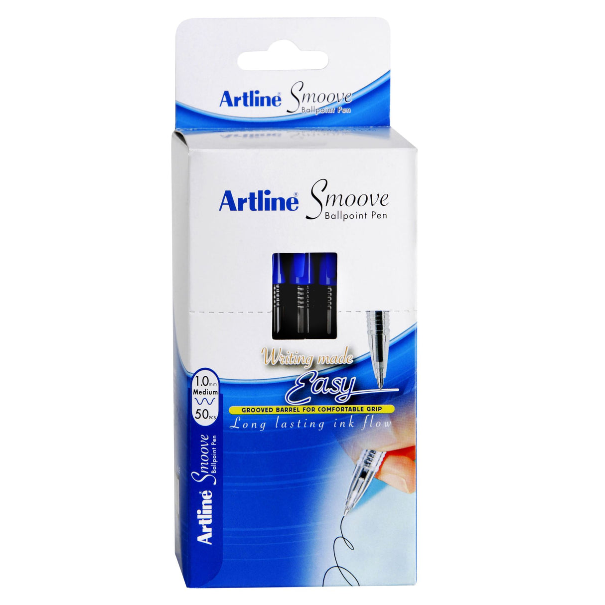 Artline Smoove medium blue ballpoint pen, box of 50, designed for smooth, comfortable writing with a tungsten carbide ball.