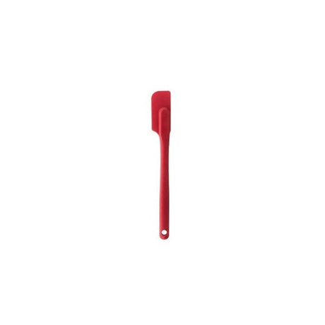 Red silicone spatula, seamless design for hygiene, heat-resistant, non-stick safe, ergonomic, and dishwasher safe.