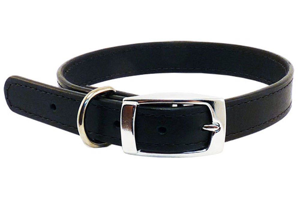 Black leather dog collar from Beau Pets, 12mm x 35cm, featuring bevelled edges and durable chrome hardware.