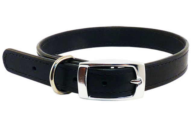 Black leather dog collar from Beau Pets, 12mm x 35cm, featuring bevelled edges and durable chrome hardware.