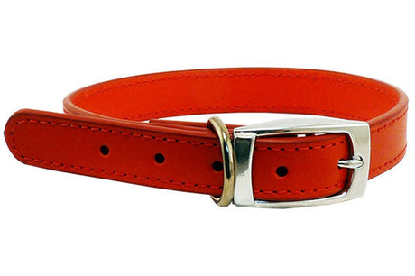 Stylish red leather dog collar with adjustable fit, polished edge, and chrome hardware for luxury and durability.