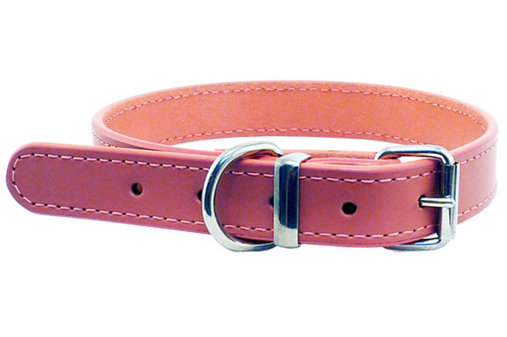 Pink leather dog collar for small to medium-sized dogs, 12mm wide and 35cm long, with chrome hardware and adjustable fit.