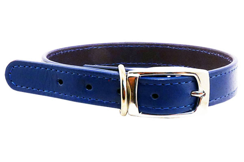 Blue leather dog collar by Beau Pets, 15mm wide and 40cm long, featuring bevelled edge and chrome hardware for durability.