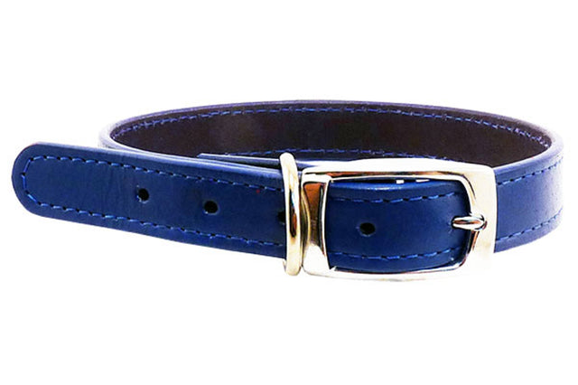 Blue leather dog collar from Beau Pets, 18mm x 45cm, featuring beveled edges, chrome hardware, and five adjustable holes.