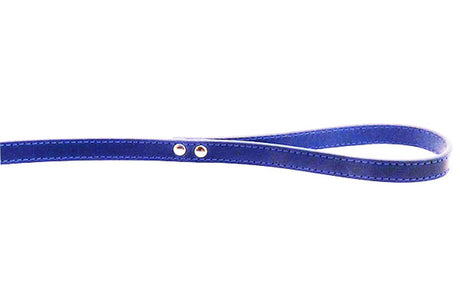 Stylish blue leather dog lead, 100cm long, with stitched details and chrome hardware, perfect for medium to large dogs.