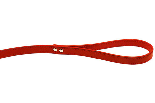 Red leather dog lead, 100cm long, with stitched design and chrome hardware, perfect for small to medium-sized dogs.