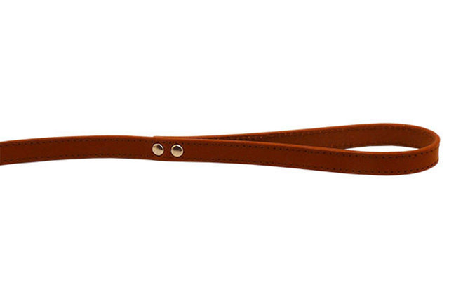 Cognac leather dog lead with stitched finish, 100cm long, and durable chrome hardware for stylish and secure walks.