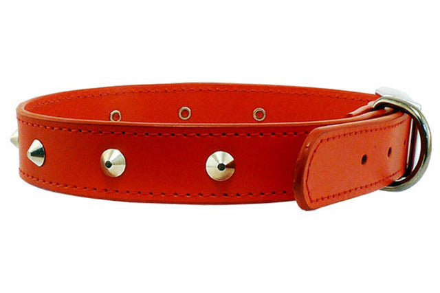 Red studded leather dog collar, 15mm wide and 40cm long, featuring 8 studs, premium hardware, and 5 adjustable holes.