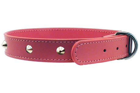 Stylish pink leather dog collar with stitched design, 9 studs, adjustable fit, and chrome hardware for ultimate comfort.