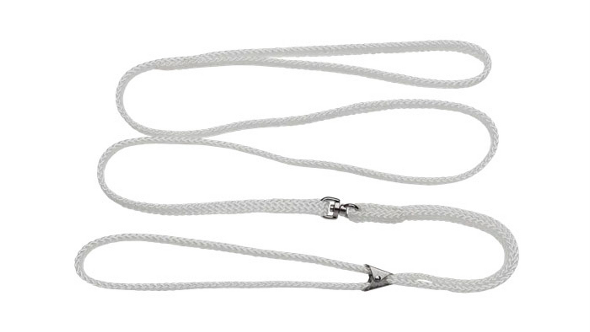 White nylon flat show lead for dogs, 7mm wide, 1.2m long, featuring adjustable slide for comfort and control during shows.