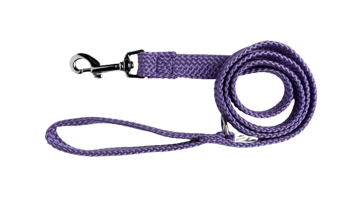 Durable purple nylon dog lead, 245cm long, with chrome snap hook and 'D' ring for bag dispenser attachment.