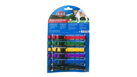 Vibrant Puppy Whelping Collars card of 6, adjustable, with safety locks for identifying and caring for puppies.