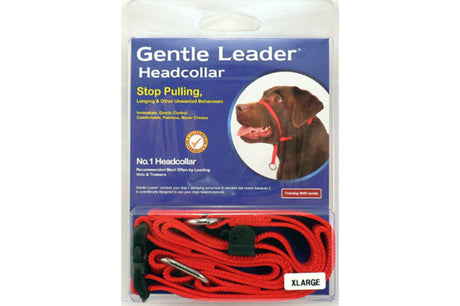 Gentle Leader Dog Head Collar in red for large breeds; prevents pulling and ensures comfort during walks.