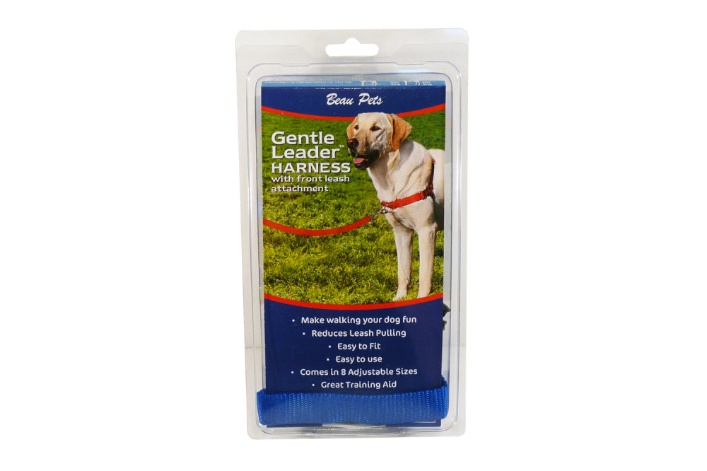 Blue gentle leader dog harness for small breeds, designed to stop pulling with comfort and ease during walks.