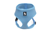 Soft mesh dog harness in vibrant blue for small dogs, featuring adjustable straps and secure buckle for comfort and safety.